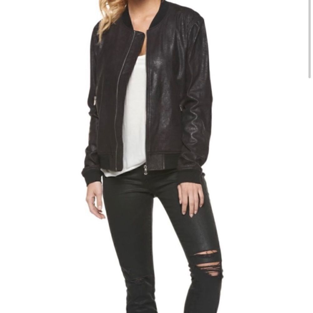 Dex Coated Black Faux Suede Bomber Jacket size medium